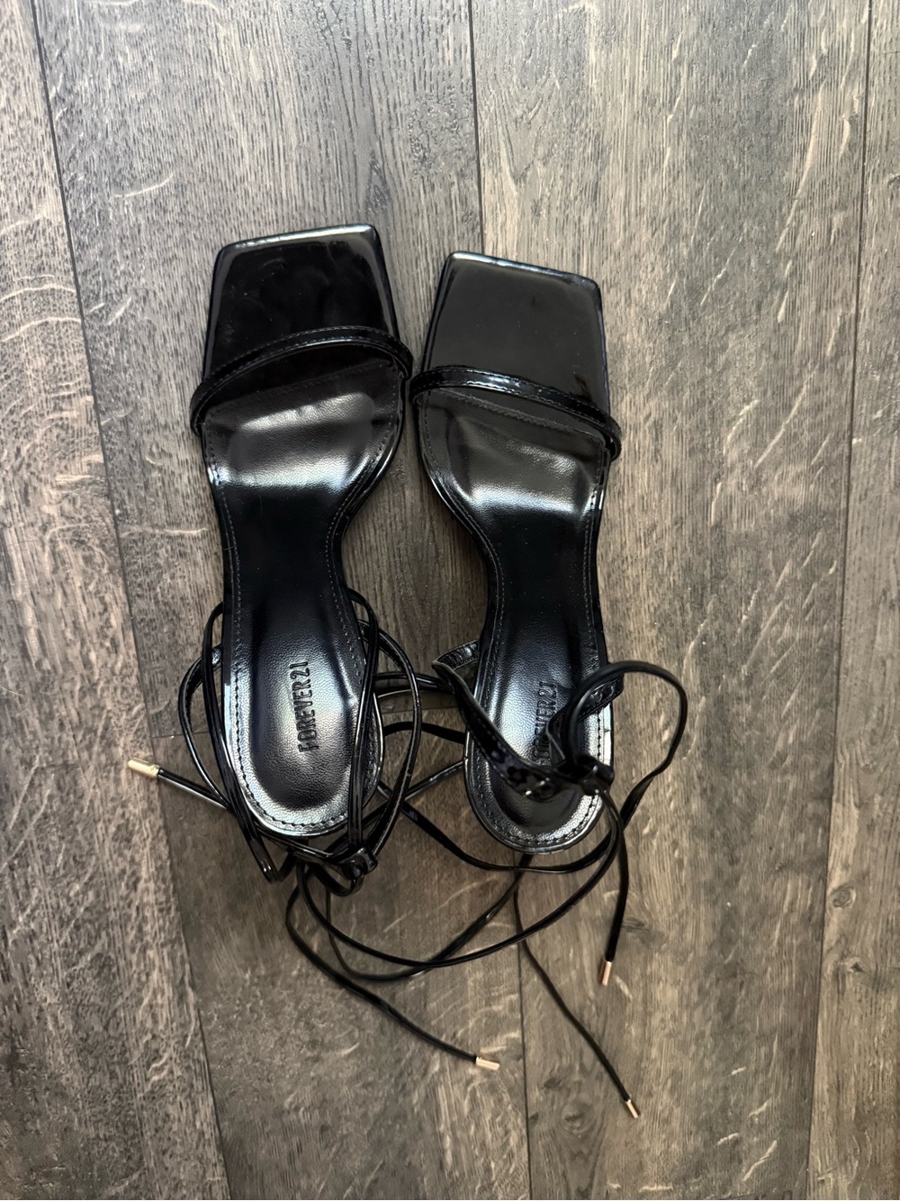 Forever 21 Black Square-Toe Lace-Up Heeled Sandals